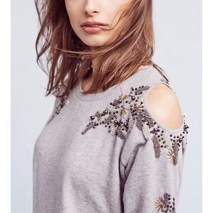Anthropologie Gray Cold Shoulder Sweatshirt with Beaded Detail